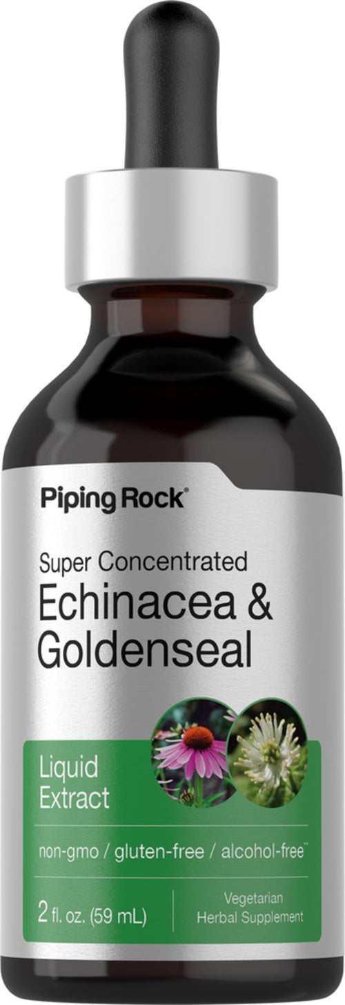 A dropper bottle of Piping Rock Echinacea & Goldenseal Liquid Extract, alcohol-free, with a label showing the product name and an image of echinacea and goldenseal roots.