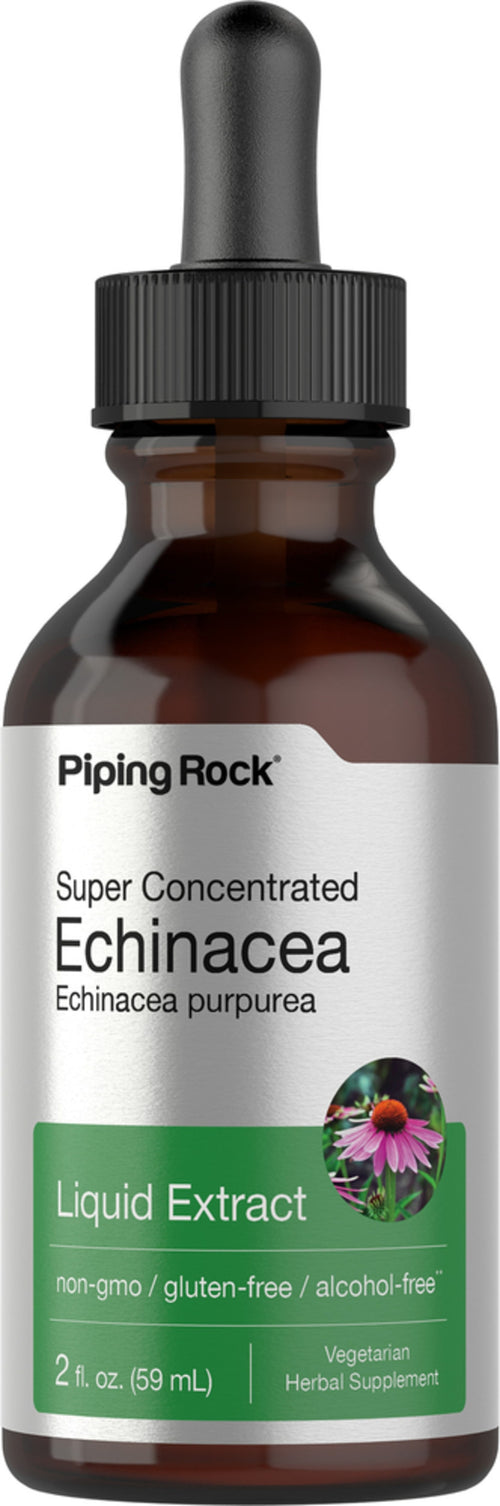 A dropper bottle of Piping Rock Echinacea Liquid Extract, alcohol-free, with a label indicating gluten-free and non-GMO properties.