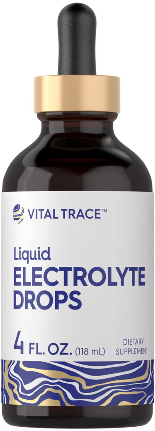 A dropper bottle labeled Liquid Electrolyte Drops, 4 fl oz (118 mL) size, with a blue and white design.