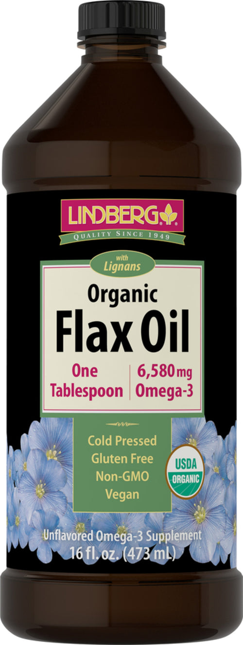 Bottle of Lindberg Organic Flax Oil with label details