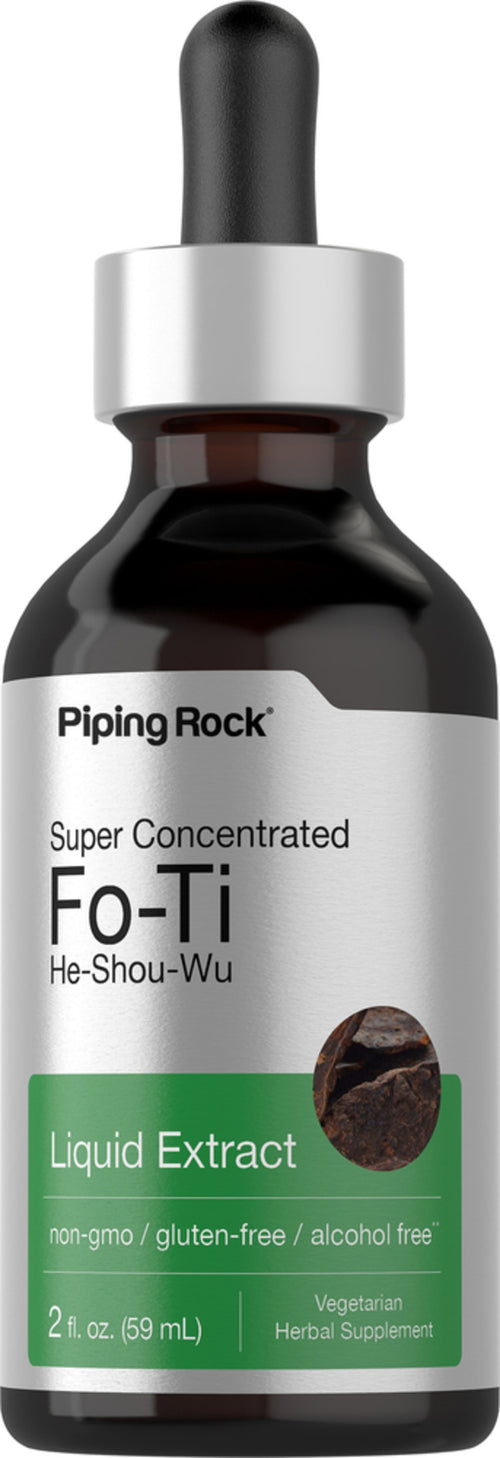 A dropper bottle of Piping Rock Super Concentrated Fo-Ti (He-Shou-Wu) Liquid Extract, with a label indicating it is alcohol-free, gluten-free, and has a 2 fl oz (59 mL) volume.