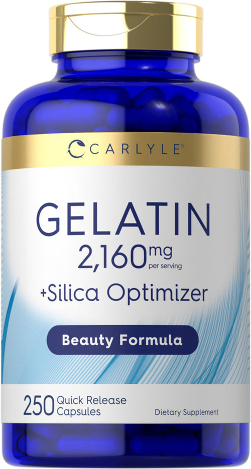 Supplement bottle labeled 'Carlyle Gelatin 2,160 mg + Silica Optimizer' on a white background