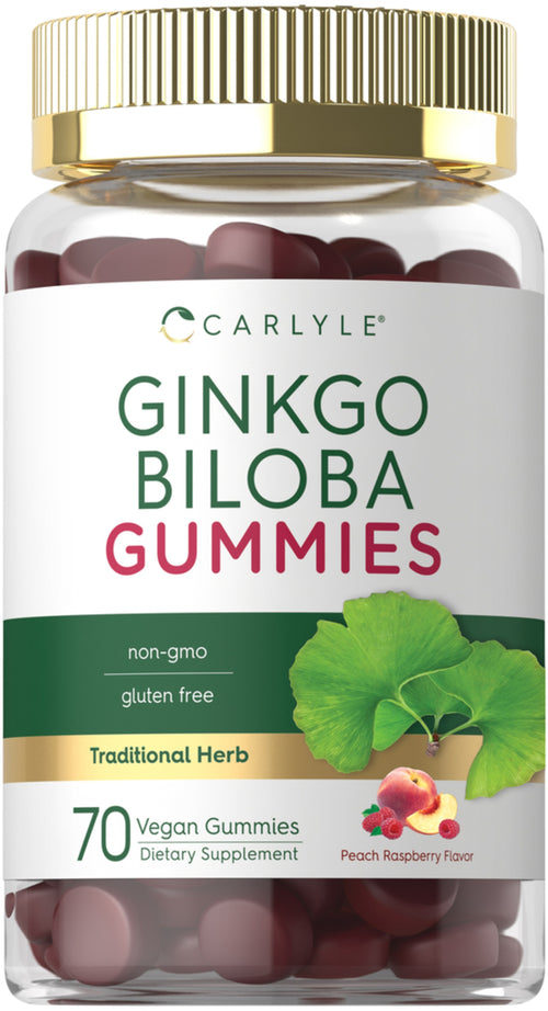 A bottle of Carlyle Ginkgo Biloba Gummies with 70 vegan gummies, featuring peach raspberry flavor. The packaging is predominantly white with green accents and an image of a ginkgo leaf, emphasizing the natural and herbal aspect of the product.