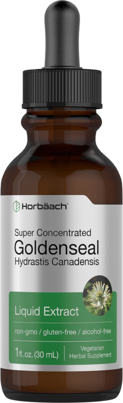 Brown glass bottle of Horbaach Goldenseal Liquid Extract with dropper on a white background
