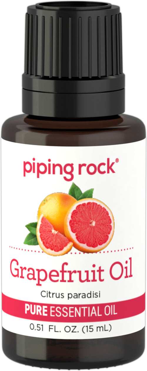 Bottle of Piping Rock Grapefruit Essential Oil with black cap and white label.