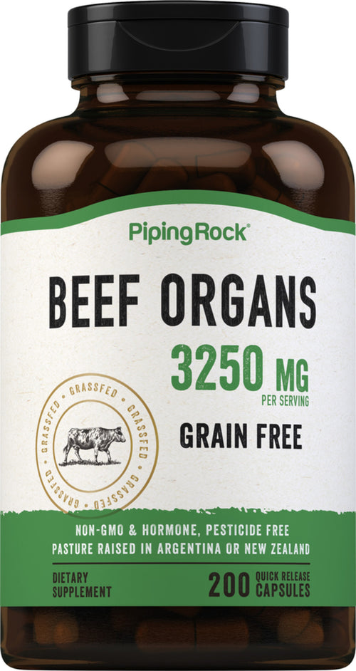 Supplement bottle labeled 'Beef Organs' with Piping Rock branding on a white background