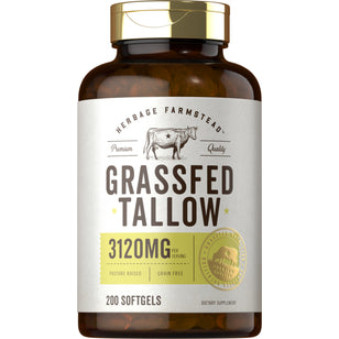Supplement bottle labeled 'Grassfed Tallow' with branding and nutritional information on a white background.