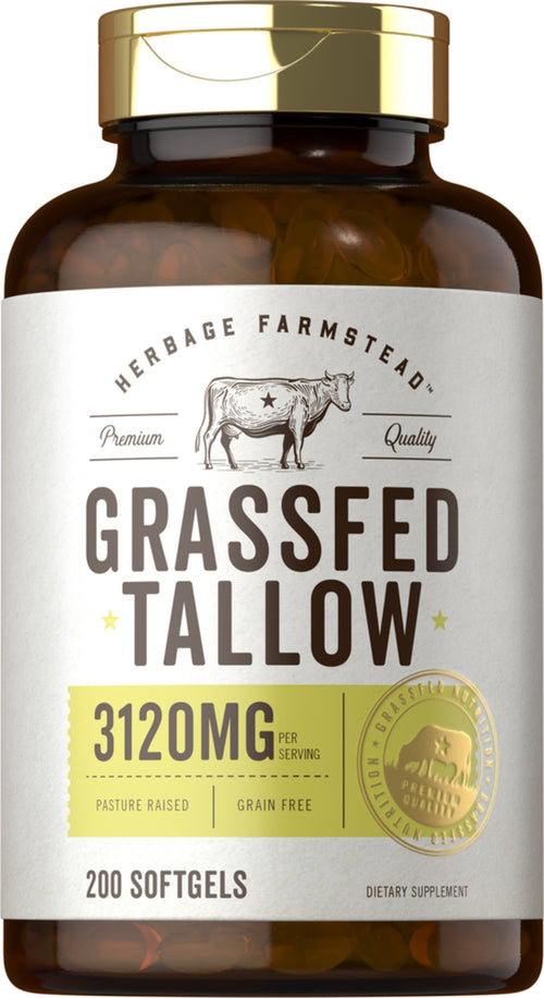 Supplement bottle labeled 'Grassfed Tallow' with branding and nutritional information on a white background.