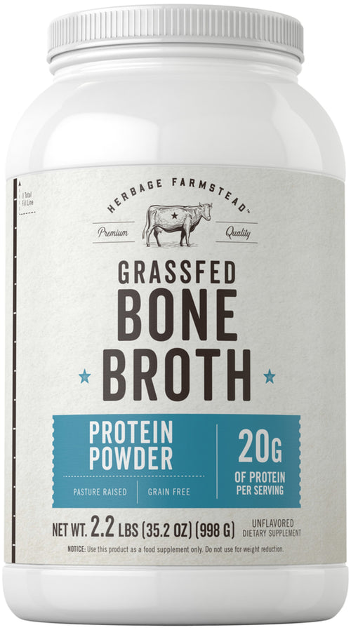 A bottle of Grassfed Bone Broth Protein Powder with 20g of protein per serving, 2.2 lbs (998 g) in size, marketed as gluten-free.