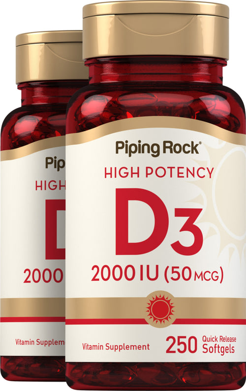 Vitamina D3 ad alta potenza  2000 IU 250 Capsule in gelatina molle a rilascio rapido 2 Bottiglie   