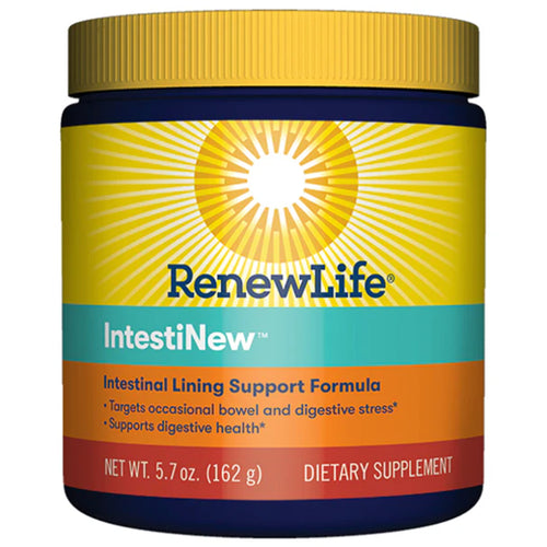 A bottle of RenewLife IntestiNew Intestinal Lining Support Formula, with a label indicating it is a dietary supplement, 5.7 oz size.