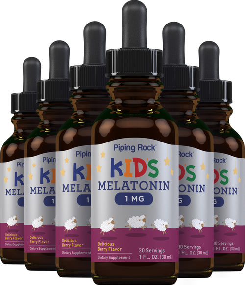 Multiple bottles of Piping Rock Kids Melatonin with droppers on a white background