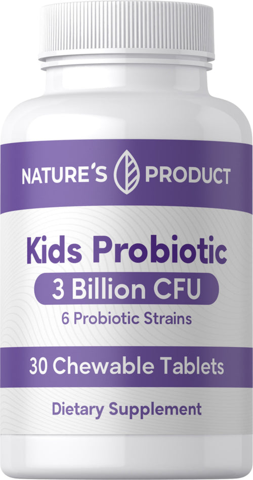 A bottle of Nature's Product Kids Probiotic with 30 chewable tablets, indicating 3 billion CFU and 6 probiotic strains on the label.