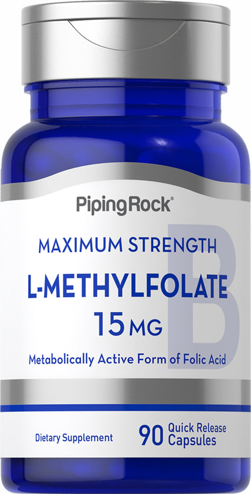 Blue supplement bottle labeled 'Piping Rock Maximum Strength L-Methylfolate 15 mg' on a white background