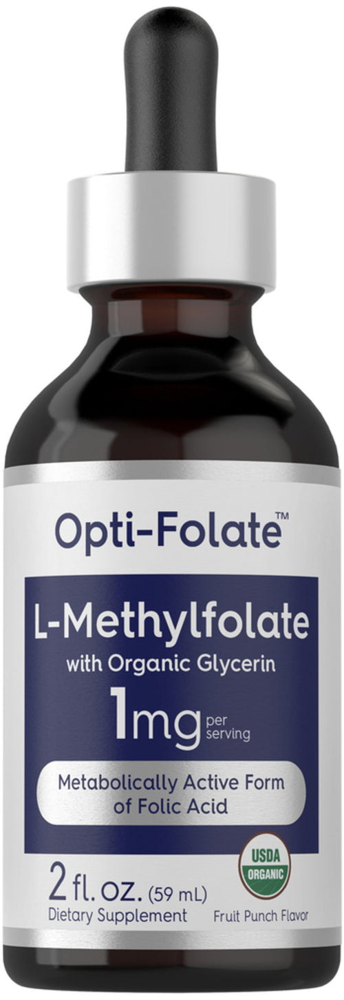 A dropper bottle labeled 'Opti-Folate L-Methylfolate with Organic Glycerin 1 mg', 2 fl oz (59 mL) size.