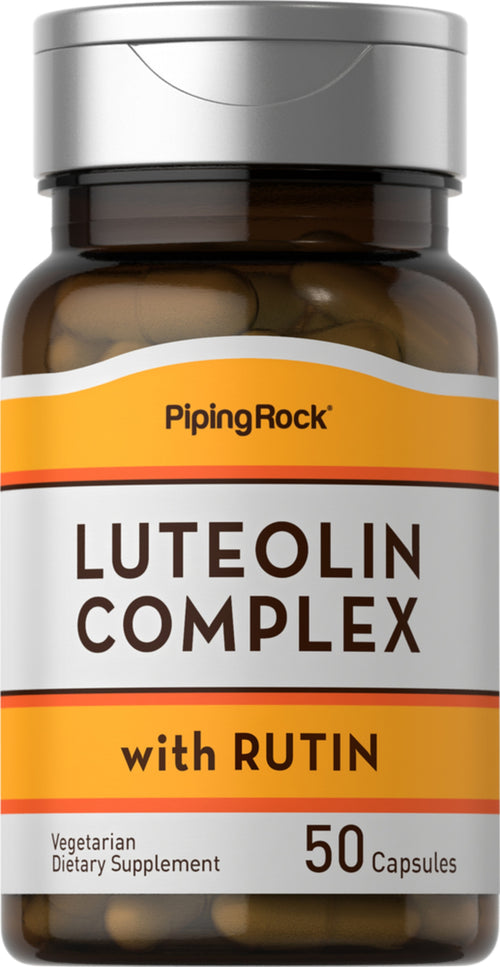 Supplement bottle labeled 'Luteolin Complex with Rutin' by Piping Rock on a white background