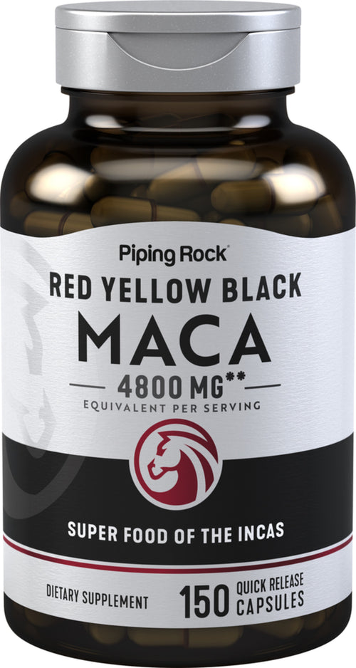 Bottle of Piping Rock Red Yellow Black Maca supplement on a white background