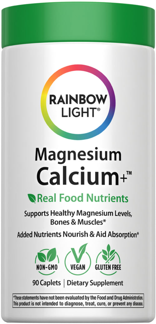 Supplement container labeled 'Rainbow Light Magnesium Calcium+' on a white background