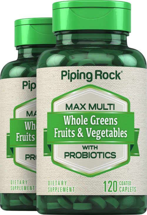 Two bottles of Piping Rock Max Multi Whole Greens Fruits & Vegetables with Probiotics on a white background
