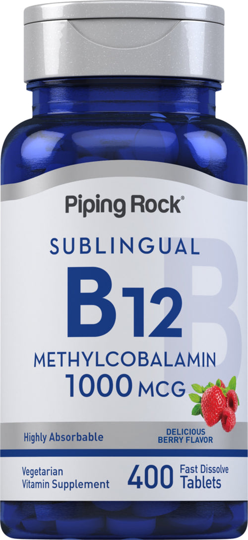 Vitamin B12 supplement bottle with blue and silver design on a white background