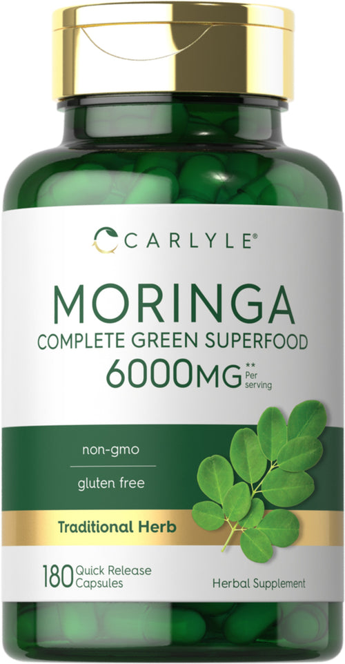 A bottle of Carlyle Moringa Oleifera supplement with 6000 mg per serving, containing 180 quick release capsules. The label indicates non-GMO and gluten-free.