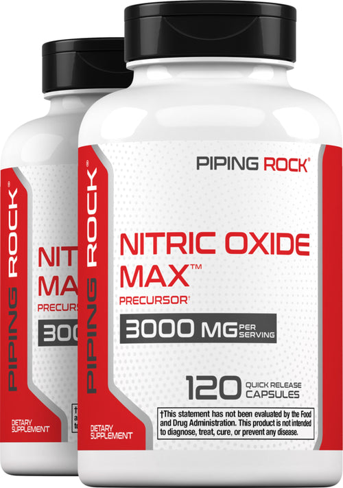 Two bottles of Piping Rock Nitric Oxide Max supplement on a white background