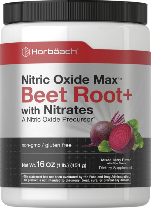 A bottle of Horbäach Nitric Oxide Max Beet Root+ with Nitrates, in a mixed berry flavor, non-GMO and gluten-free, 16 oz (454 g).