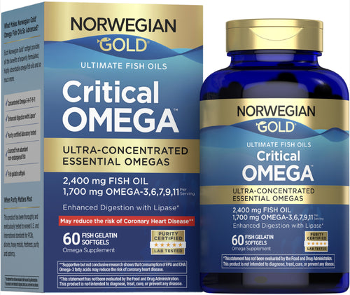 Packaging for Norwegian Gold Critical Omega fish oil supplements, showing a bottle and box with product information.
