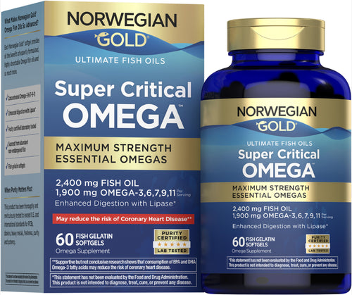 Packaging for Norwegian Gold Super Critical Omega, which includes a bottle of 60 fish gelatin softgels and a box with product information.