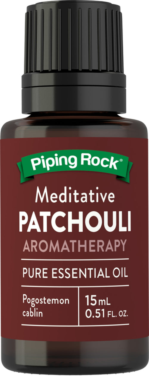 A dropper bottle of Piping Rock Meditative Patchouli Aromatherapy Pure Essential Oil, with a label showing the product name and a brief description.