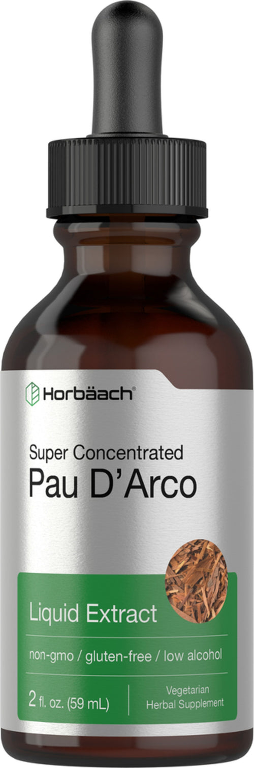 Bottle of Pau D'Arco liquid extract with dropper labeled 'Horbaach' on a white background.