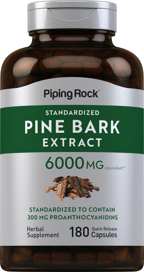 Bottle of Piping Rock Pine Bark Extract supplement with label showing dosage and packaging details.