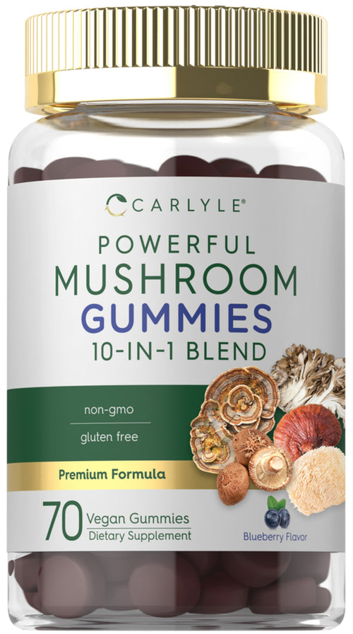 A bottle of Carlyle Powerful Mushroom Gummies, 10-in-1 blend, with blueberry flavor, containing 70 vegan gummies, non-GMO and gluten-free.