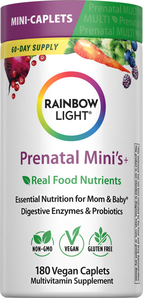 Rainbow Light Prenatal Mini's+ supplement container with colorful design and text.