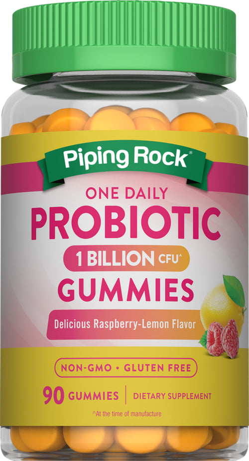 Piping Rock probiotic gummies packaging with green lid and colorful label.