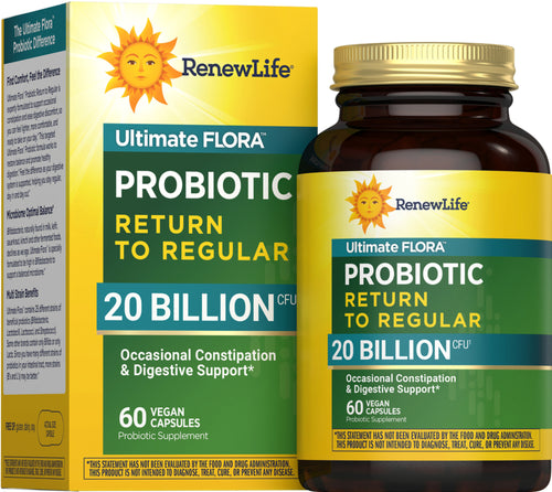 RenewLife Ultimate FLORA Probiotic packaging with bottle and box on a white background