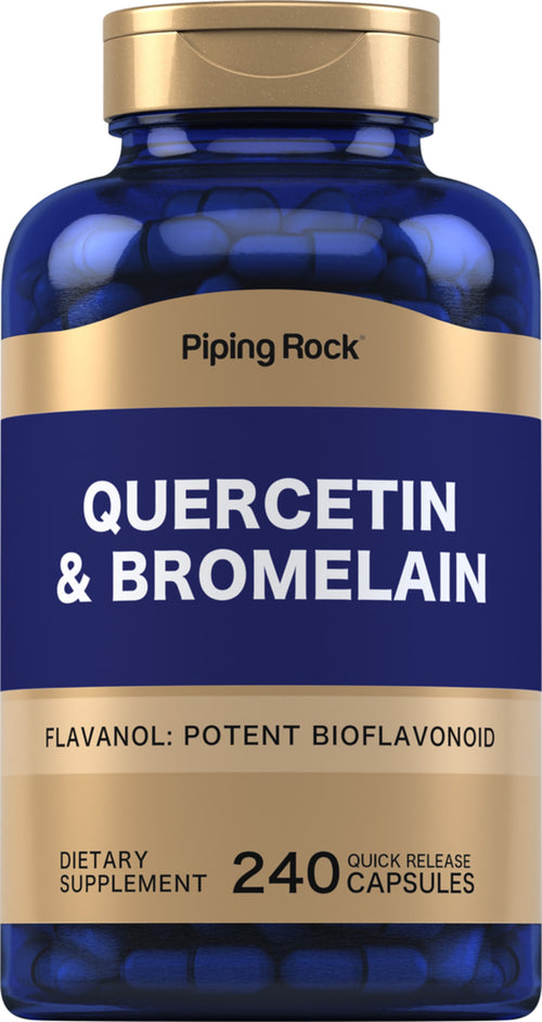 Blue supplement bottle labeled 'Quercetin & Bromelain' by Piping Rock on a white background