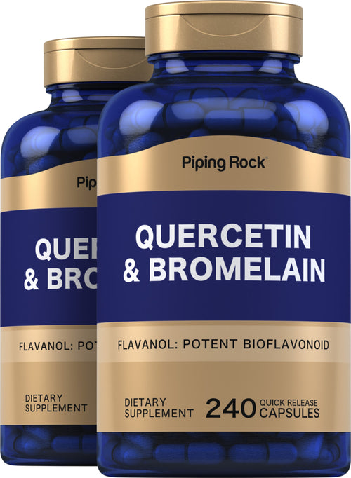 Two bottles of Piping Rock Quercetin & Bromelain dietary supplements on a white background