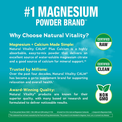 Advertisement for Natural Vitality magnesium powder on a blue background with text and certification logos.