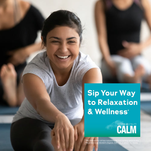 Woman stretching with 'Sip Your Way to Relaxation & Wellness' text and CALM logo.