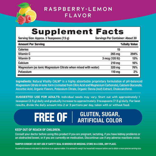 Supplement facts label for Raspberry-Lemon flavor with nutritional information and free-of claims.