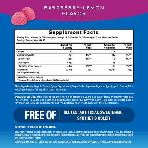 Supplement facts label for raspberry-lemon flavored gummies on a blue background