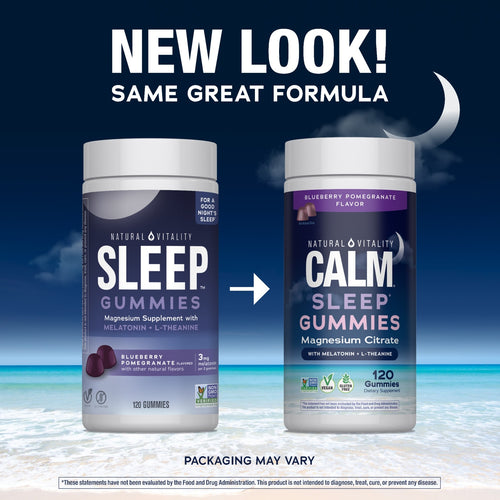 Two containers of Natural Vitality Sleep Gummies with a night sky background
