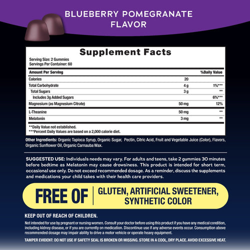 Supplement facts label for blueberry pomegranate flavored gummies with a purple background.