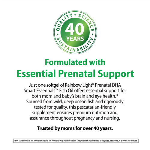 Advertisement for Rainbow Light Prenatal DHA supplement with sustainability logo and text.