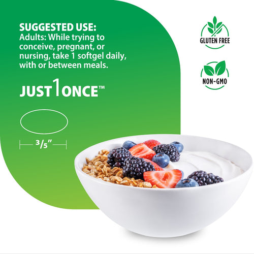 Bowl of cereal with berries and a green label with nutritional information and branding icons.