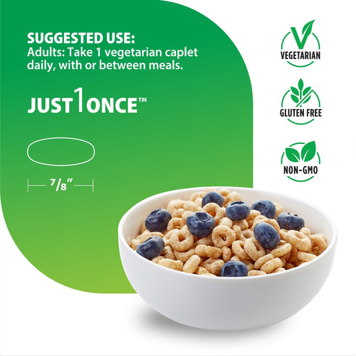 Bowl of cereal with blueberries next to a green label with 'Just Once' supplement information.