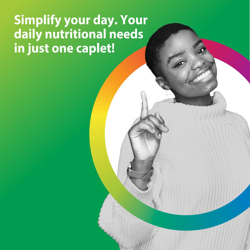 Person with a rainbow circle around them on a green background with text about nutritional supplements.