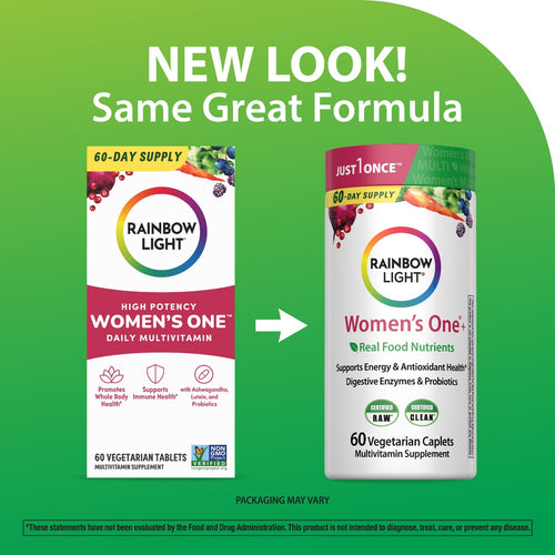 Comparison of Rainbow Light Women's One Daily Multivitamin packaging with new and old design on a green background.