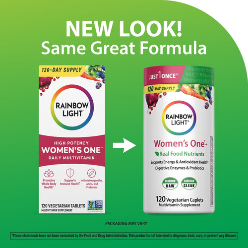 Comparison of Rainbow Light Women's One Daily Multivitamin packaging with new and old design on a green background.